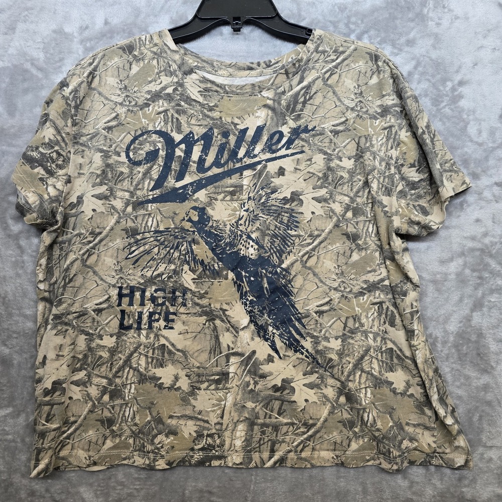 Miller High Life Short Sleeve Shirt Pheasant Camo Women's XL 100% Cotton Y2K 90s